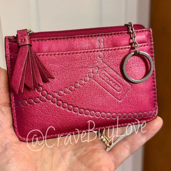 COACH POPPY CARD CASE WALLET HOT PINK FUCHSIA SHIMMER TROMPE TASSEL SLG HTF VGUC - Picture 1 of 9